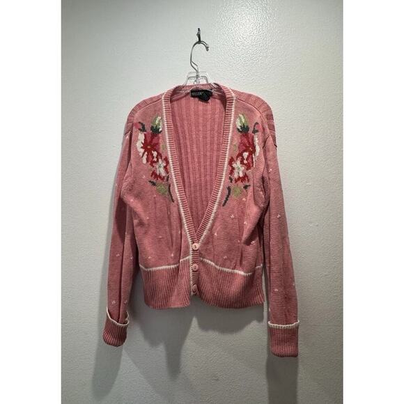 Vintage Braunstyle Large Pink Floral Knit Cardigan Cottagecore Artsy Retro READ - Picture 1 of 8